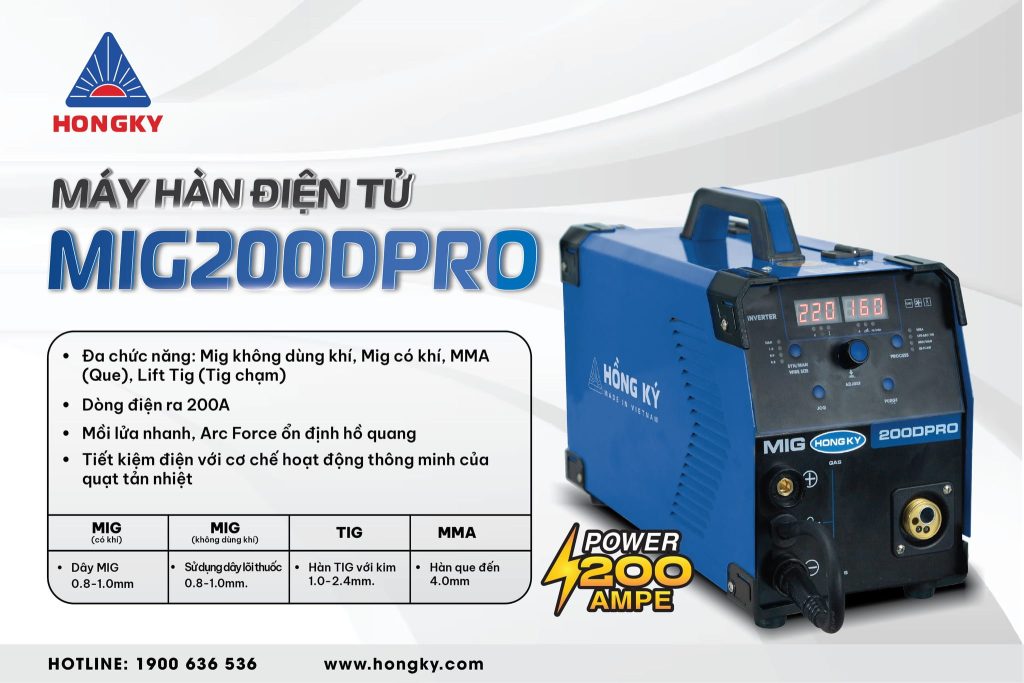 Máy hàn điện tử MIG đa chức năng MIG không dùng khí Hồng Ký MIG200DPRO