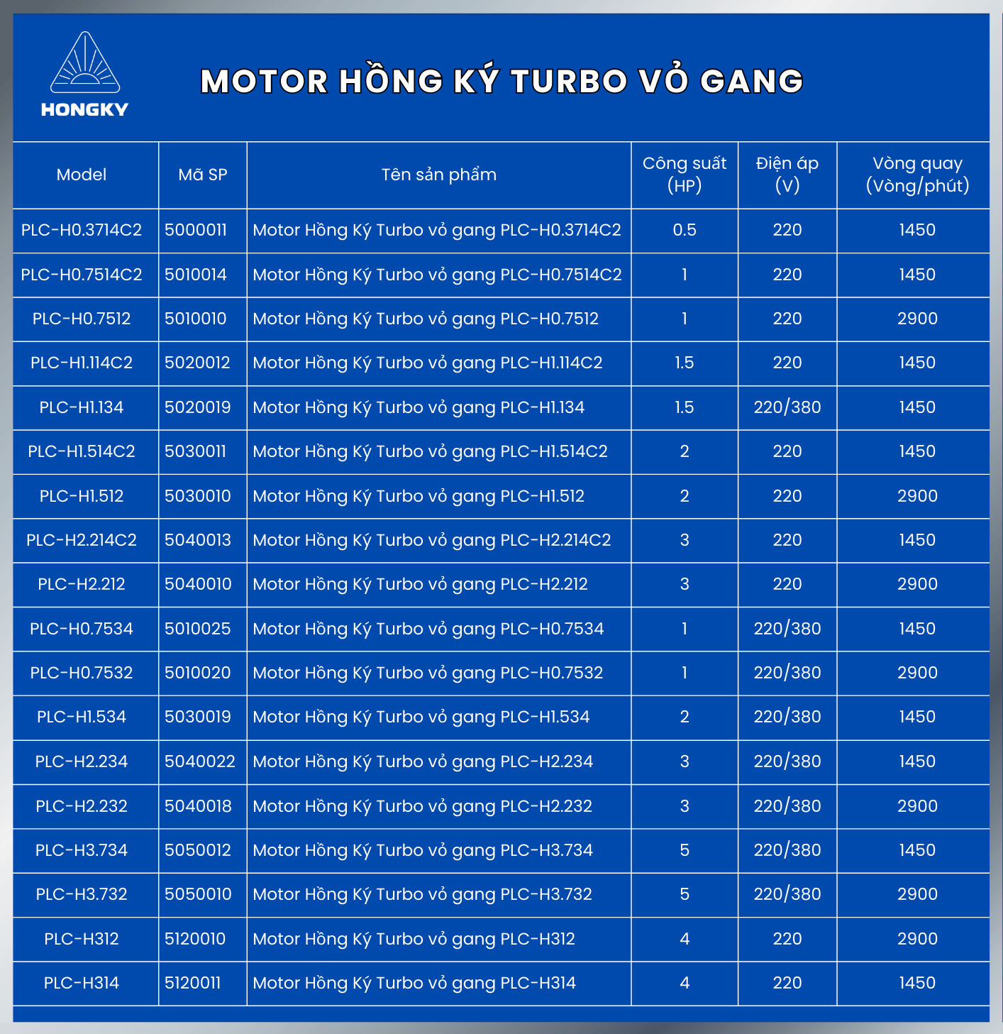 Thông số kỹ thuật các dòng motor Hồng Ký Turbo vỏ gang