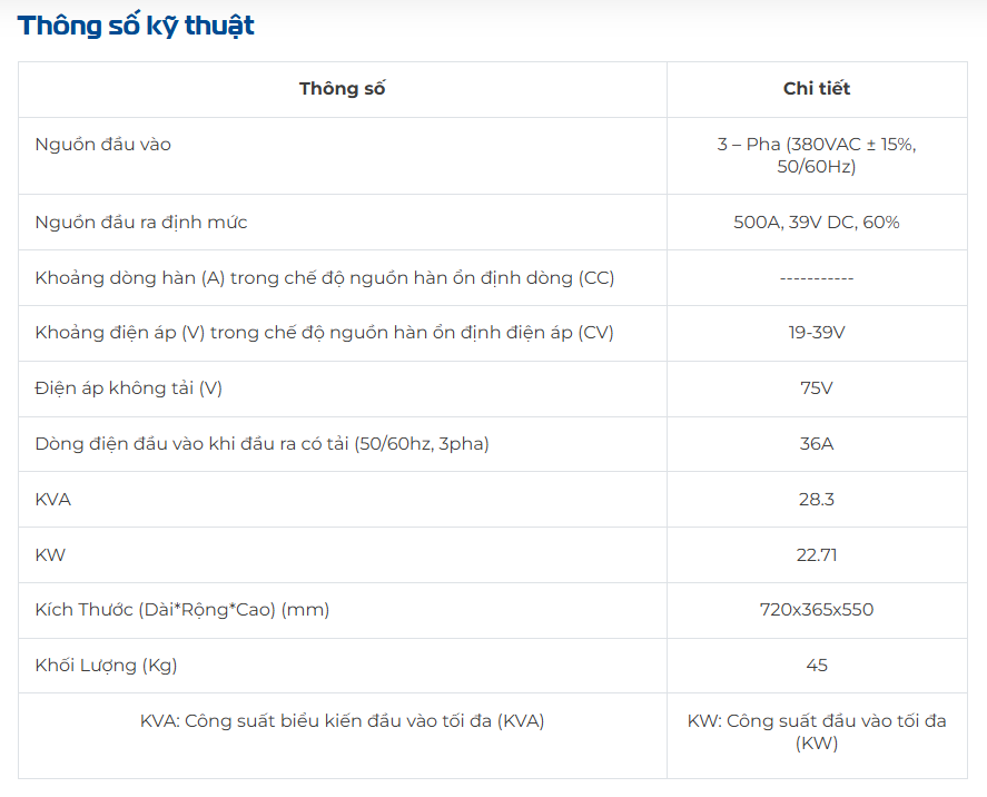 Thông số kỹ thuật - Máy hàn MIG 500 Máy hàn điện tử HKMIG500 Hồng Ký