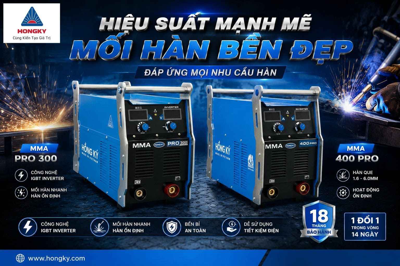 Bộ đôi máy hàn que Hồng Ký hàn mạnh mẽ cho mọi công trình